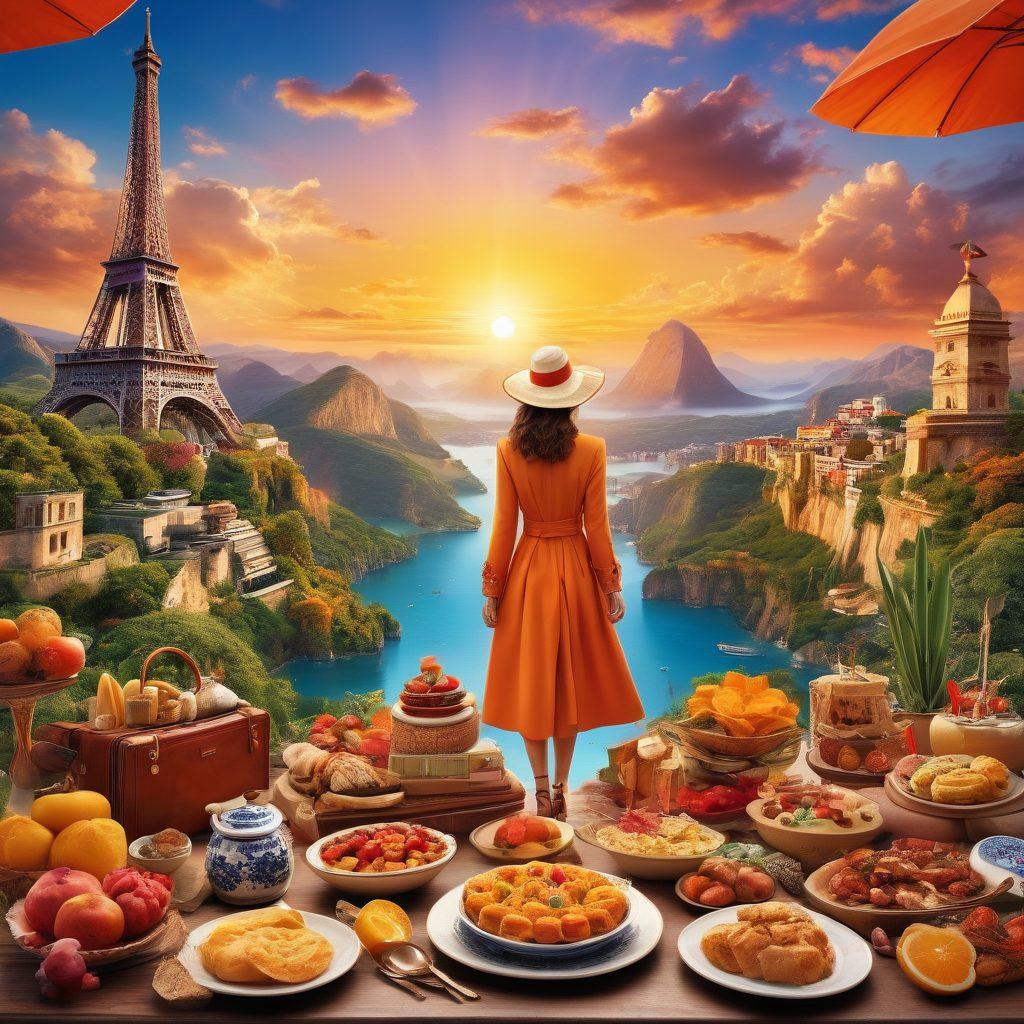 A vibrant collage featuring a fashionable traveler admiring a breathtaking landscape, surrounded by iconic global landmarks, delectable dishes, and elegant accessories. Incorporate elements of diverse cultures, showcasing unique clothing styles and culinary delights, all under a picturesque sunset sky. The scene should evoke a sense of adventure and exploration. super-realistic. vibrant colors. 3D.