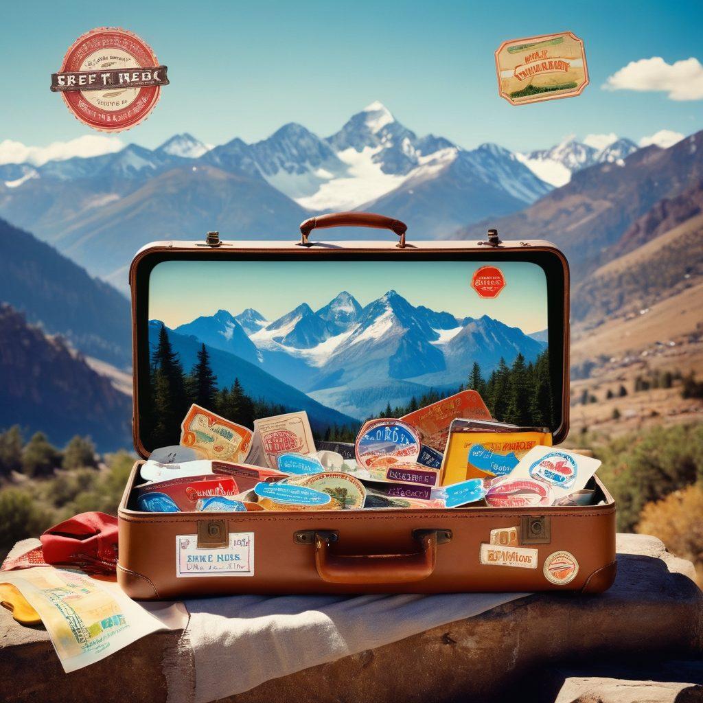 A whimsical collage showcasing a vintage suitcase adorned with travel stickers, opened to reveal a beautifully plated gourmet dish on one side and stylish clothing items on the other. Scenic backgrounds of mountains and cities hint at adventure and culinary exploration. Soft sunlight illuminates the scene, creating a warm atmosphere. vintage style. vibrant colors.