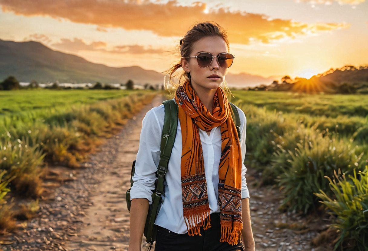 A dynamic split scene featuring a stylish runway model on one side, showcasing high fashion attire, and on the other side, a backpacker exploring a lush green landscape with a vibrant sunset in the background. Include fashionable travel accessories like a chic scarf and trendy sunglasses. The model should exude confidence, while the traveler embodies adventure and spontaneity. The juxtaposition conveys a blend of glamour and wanderlust. super-realistic. vibrant colors.